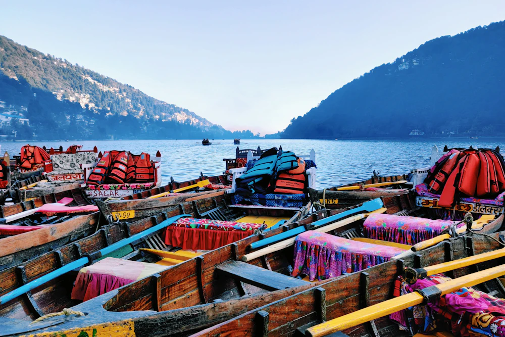 Boats waiting at the Naini Lake boat stand