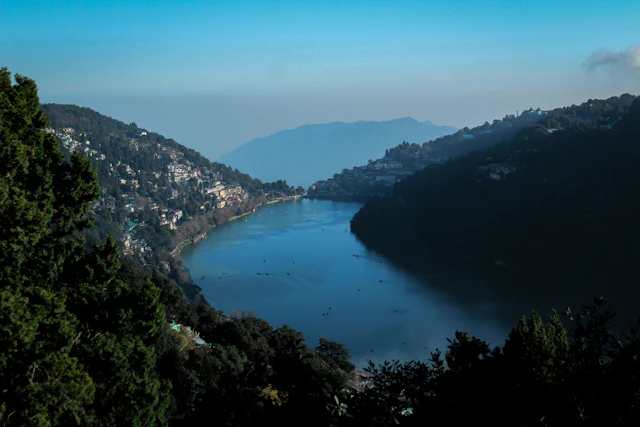 Naini Lake from above with hills all around