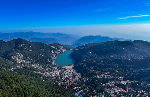 Aerial view of Nainital town and Naini Lake