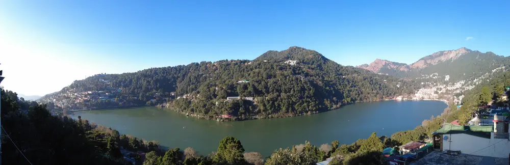 Panoramic view of Naini Lake and the hills from Nainital Lake View Hotel
